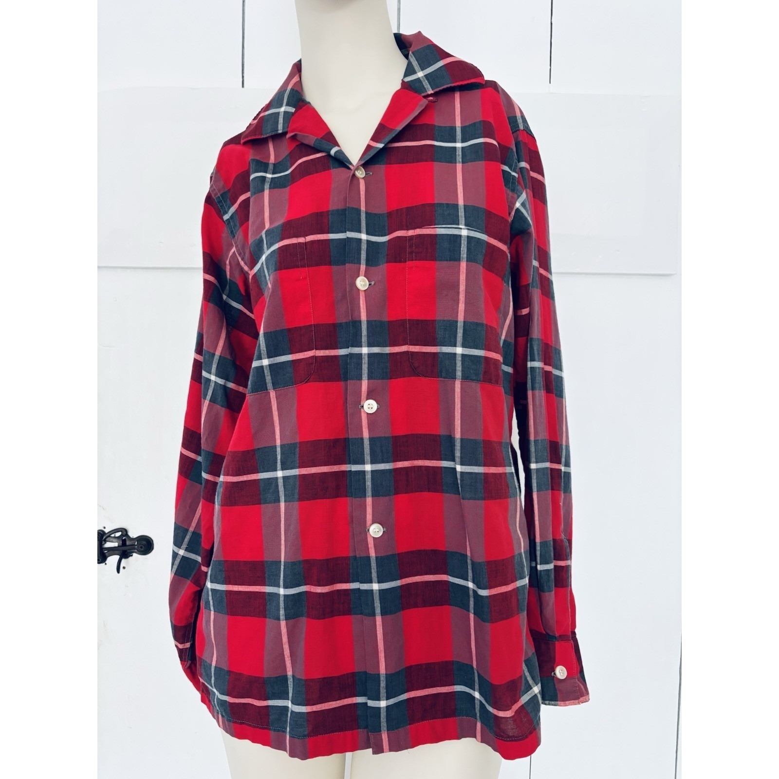 Vintage 60s Arrow Sanforized Red Plaid Cotton Cluett Peabody Shirt Men's Small